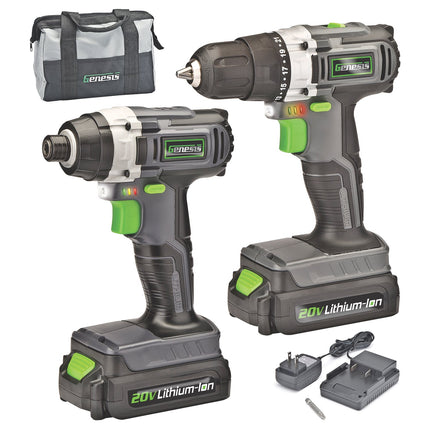 Genesis GL20DIDKA2 2-Piece 20V Lithium-ion Battery-Powered Cordless Variable Speed Drill Driver and Impact Driver Kit with LED Light, Electric Brake, Storage Bag, Charger, 2 Batteries, and Bit