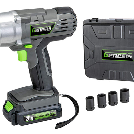 Genesis GLIW20AK 20-Volt Li-Ion Cordless Impact Wrench Kit with Charger, Battery, Sockets, Storage Case, and 2 Year Warranty