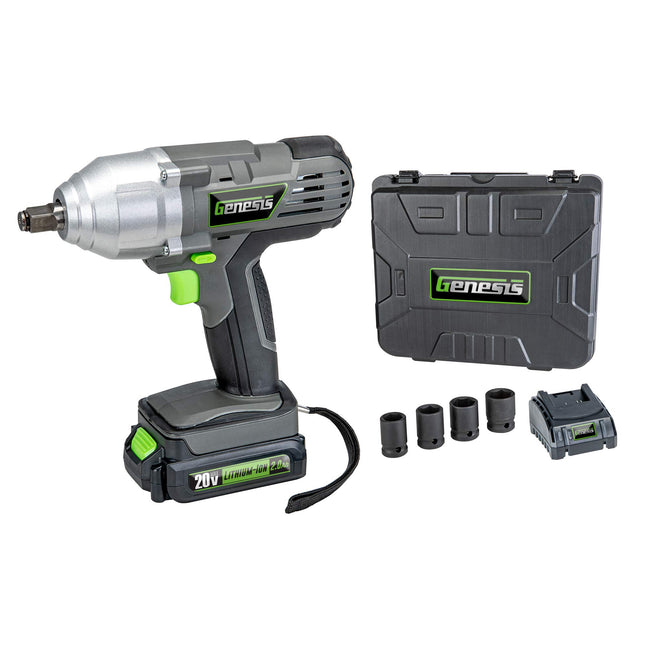 Genesis GLIW20AK 20-Volt Li-Ion Cordless Impact Wrench Kit with Charger, Battery, Sockets, Storage Case, and 2 Year Warranty