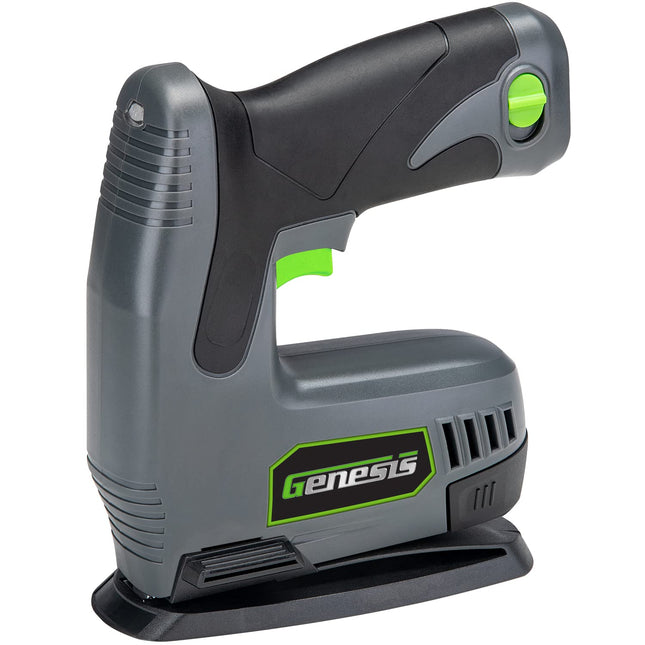 Genesis GLSN08B 8 Volt Cordless Electric Staple Gun with Battery Pack, Charger, Staples, and Nails