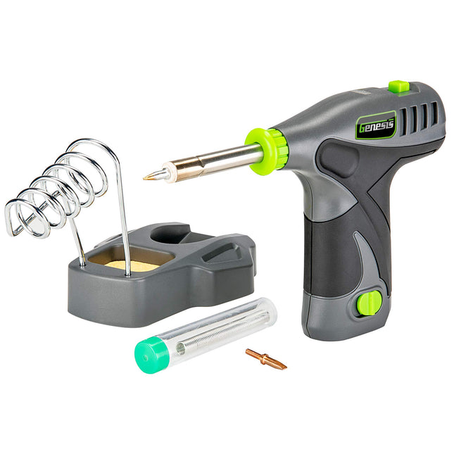 Genesis GLSI08 8V Li-Ion Cordless Soldering Iron with Iron Holder, Solder Wire, Fine Tip, Chisel Tip, Removable Rechargeable Battery, Charger and 2 Year Warranty