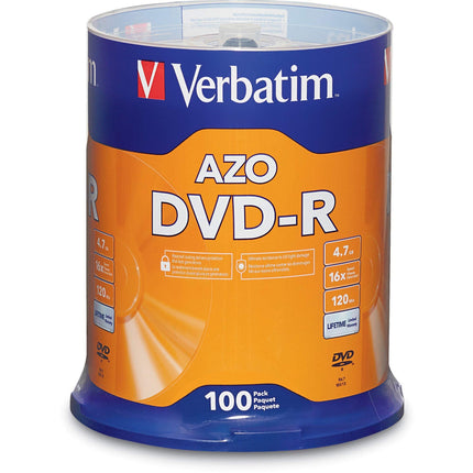 Verbatim DVD-R Blank Discs AZO Dye 4.7GB 16X Recordable Disc - 100 Pack Spindle,Silver