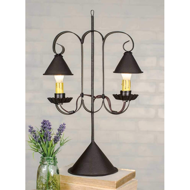 Reproduction Primitive Lamp ~ Double Lamp with Hanging Shades - Rustic Brown