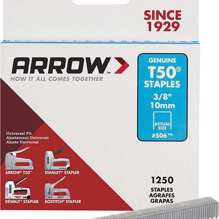 Arrow 506 Heavy Duty T50 3/8-Inch Leg Length, 3/8-Inch Crown, Staples for Upholstery, Construction, Furniture, Crafts, 1250-Pack