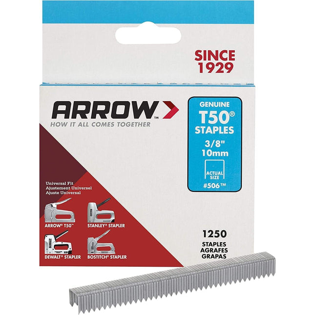 Arrow 506 Heavy Duty T50 3/8-Inch Leg Length, 3/8-Inch Crown, Staples for Upholstery, Construction, Furniture, Crafts, 1250-Pack