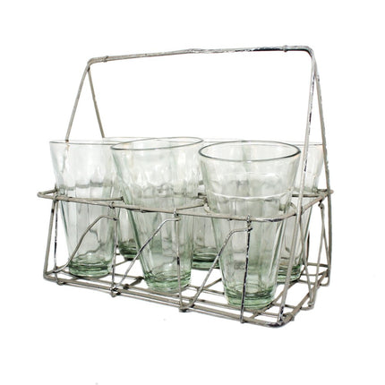 Rectangular Rustic style Galvanized Wire carrier serving Caddy with Six 6 oz drinking Glasses