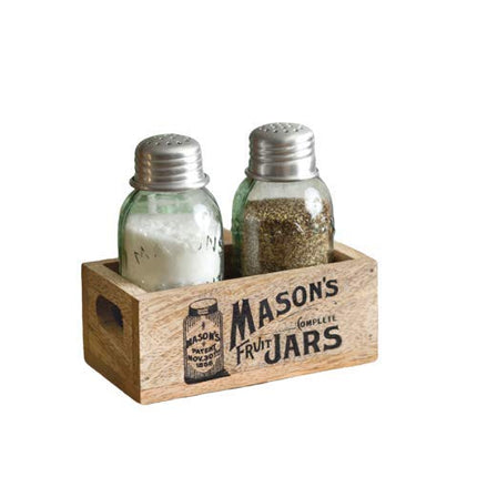 Colonial Tinworks Mason Jar Salt & Pepper Shakers Set with Wood Tray for Rustic Farmhouse Table Decor, Vintage Home Decoration, and Gift(Box of 2)