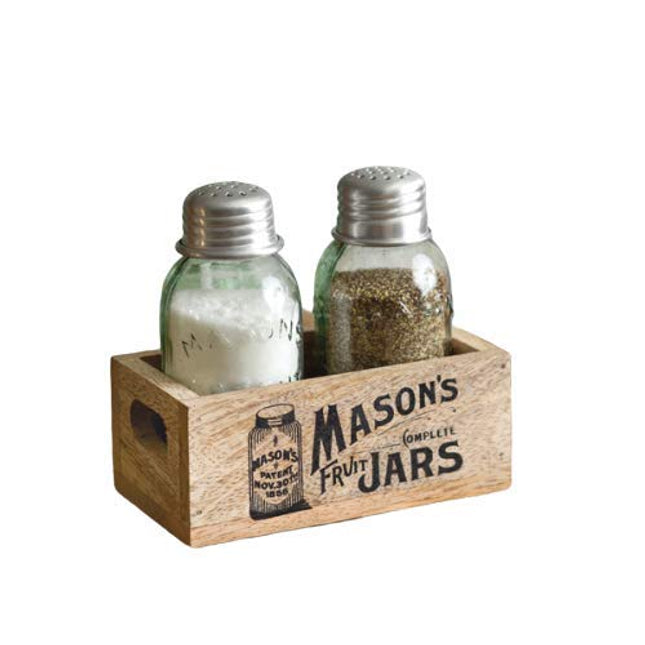 Colonial Tinworks Mason Jar Salt & Pepper Shakers Set with Wood Tray for Rustic Farmhouse Table Decor, Vintage Home Decoration, and Gift(Box of 2)