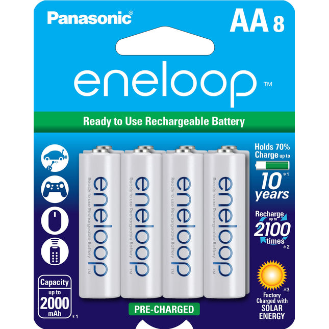 Panasonic BK-3MCCA8BA eneloop AA 2100 Cycle Ni-MH Pre-Charged Rechargeable Batteries, 8-Battery Pack