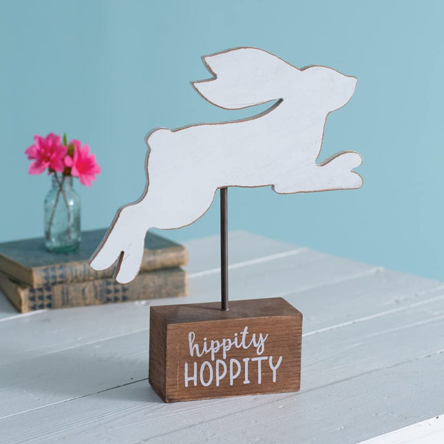 CTW Home Collection Hippity Hoppity Bunny On Stand Decorative Sign, 13.75-inch Height, Wood, Easter, Tabletop Accent, Home Decor
