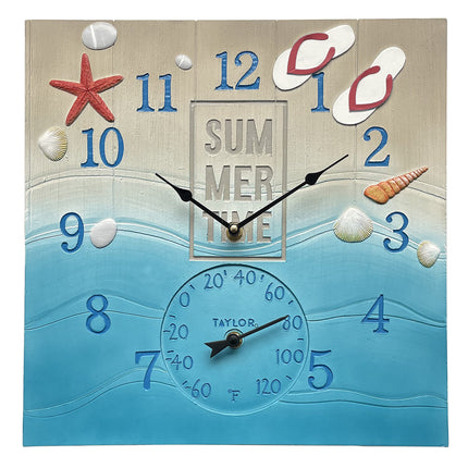 Taylor Summertime Poly Resin Clock and Thermometer,14 Inch, Blue