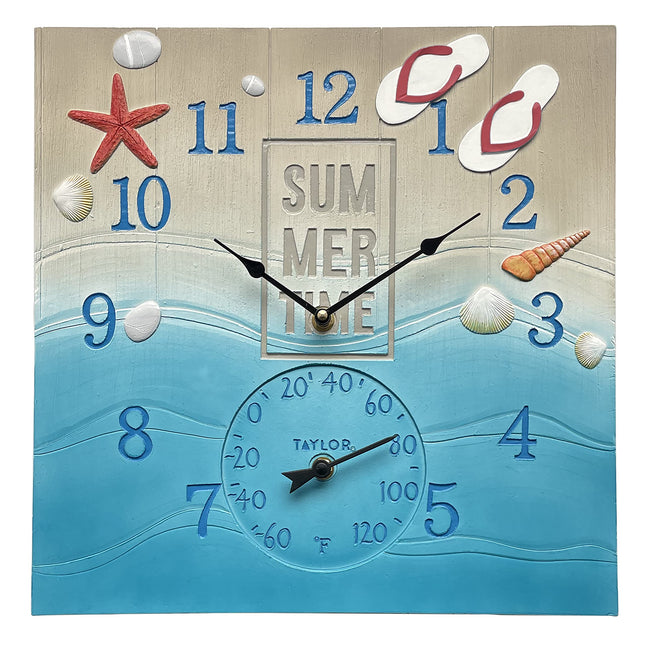 Taylor Summertime Poly Resin Clock and Thermometer,14 Inch, Blue
