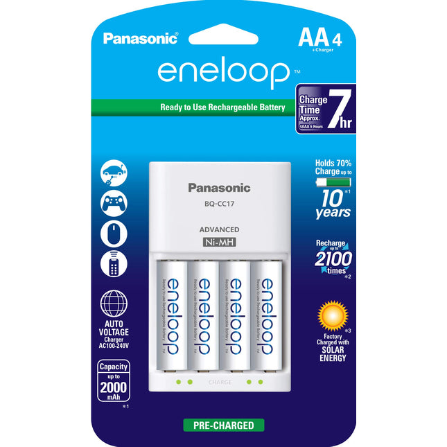 Panasonic K-KJ17MCA4BA Advanced Individual Cell Battery Charger Pack with 4 AA eneloop 2100 Cycle Rechargeable Batteries