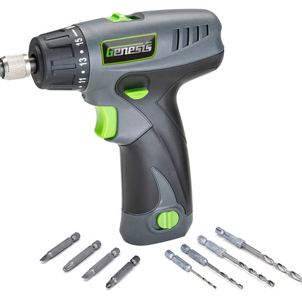 Genesis GLSD08B 8V Lithium-Ion Battery-Powered Quick-Change 2-Speed Cordless Screwdriver with LED Work Light, Battery Pack, Charging Stand, 4 Hex-Shank Drill Bits, and 4 Screwdriver Bits