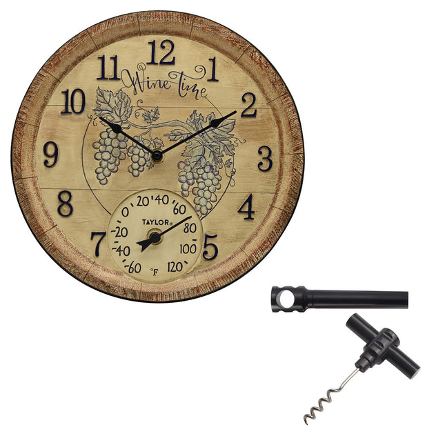 Taylor 14 Inch Wine Time Poly Resin Clock/Thermometer with a Bonus Pocket Corkscrew, Multicolored (5253897)