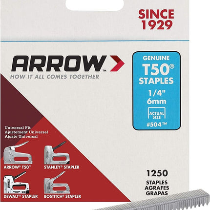 Arrow 504 Heavy Duty T50 1/4-Inch Leg Length, 3/8-Inch Crown, Staples for Upholstery, Construction, Furniture, Crafts, 1250-Pack