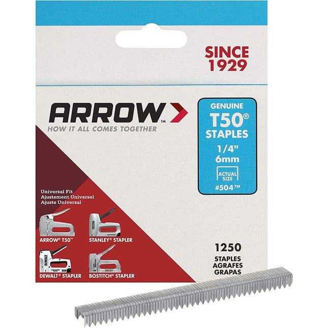 Arrow 504 Heavy Duty T50 1/4-Inch Leg Length, 3/8-Inch Crown, Staples for Upholstery, Construction, Furniture, Crafts, 1250-Pack
