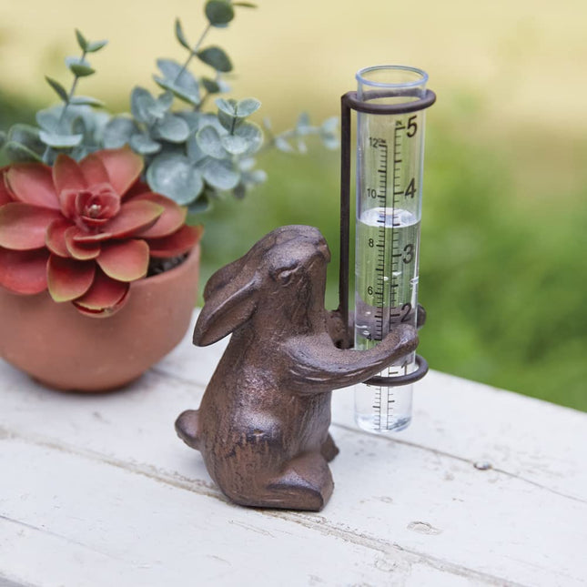 CTW Home Collection Rustic Bunny Tabletop Rain Gauge, 6.5-inch Height, Cast Iron, Plastic, Home, Garden