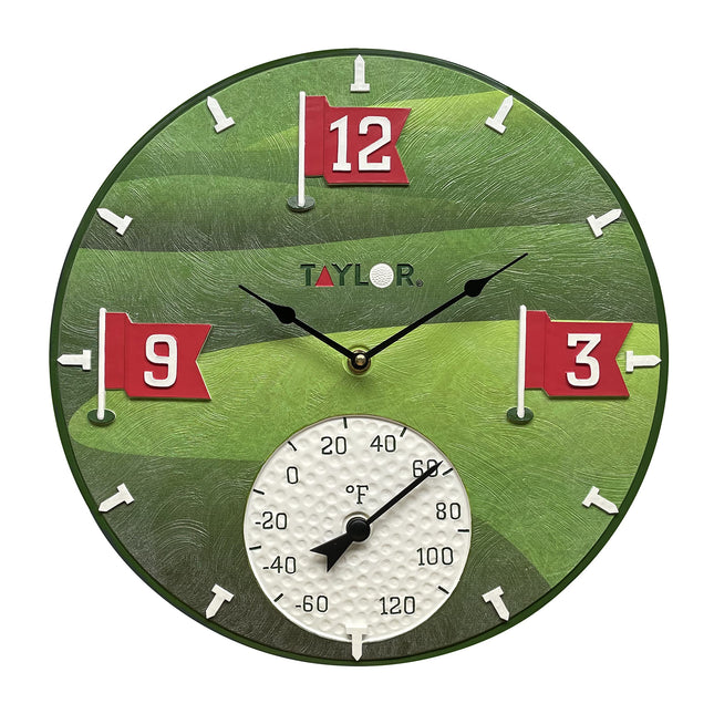 Taylor Tee Time Poly Resin Clock and Thermometer, 14 Inch, Green