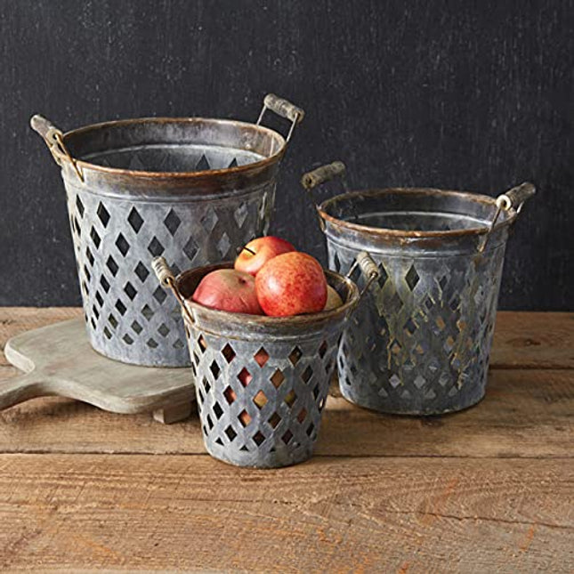 Set of Three Rustic Open Weave Metal Buckets