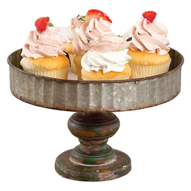 Colonial Tin Works Corrugated Galvanized Metal Serving Tray Stand Kitchen Supplies, 9.5  diameter x 6  tall x 1.5  deep, Gray