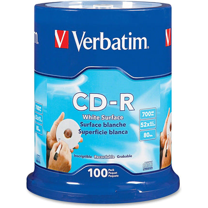 Verbatim CD-R Blank Discs 700MB 80 Minutes 52x Recordable Disc for Data and Music with Blank White Surface - 100 Pack Spindle