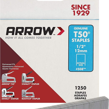 Arrow 508 Heavy Duty T50 1/2-Inch Leg Length, 3/8-Inch Crown, Staples for Upholstery, Construction, Furniture, Crafts, 1250 Count(Pack of 1)