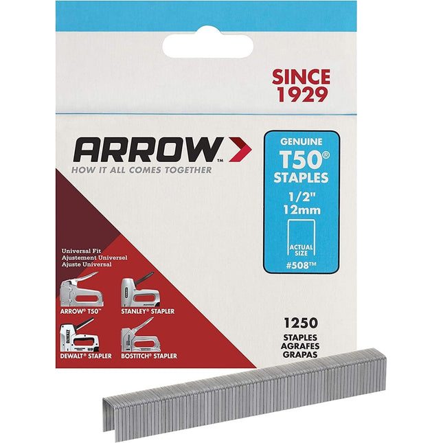 Arrow 508 Heavy Duty T50 1/2-Inch Leg Length, 3/8-Inch Crown, Staples for Upholstery, Construction, Furniture, Crafts, 1250 Count(Pack of 1)