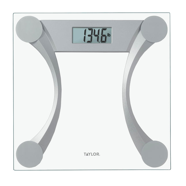 Taylor 400 Lb. Capacity Clear Glass Digital Bathroom Scale with Metallic Accents, 11.8-inch x 11.8-inch Platform, Silver