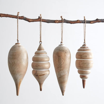 CTW Home Collection Carved Wood Christmas Hanging Ornaments, Set of 4, Holiday Season Decoration