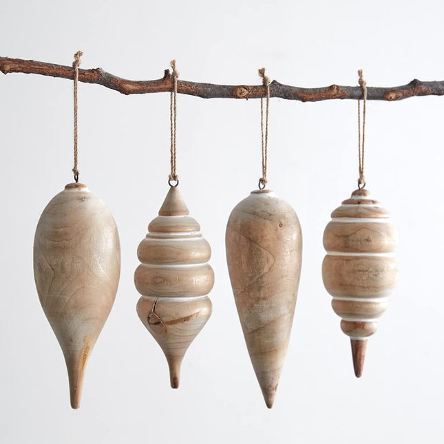 CTW Home Collection Carved Wood Christmas Hanging Ornaments, Set of 4, Holiday Season Decoration