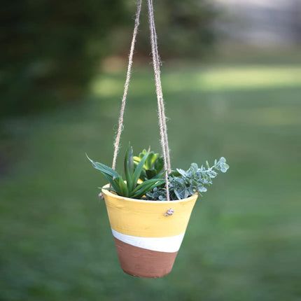 CTW 460373 Color Blocked Hanging Terra Cotta Pot, 6.5-inch Height, Yellow