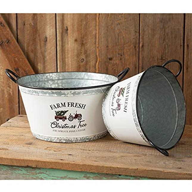 Set of Two Galvanized Farm Fresh Christmas Tree Bins