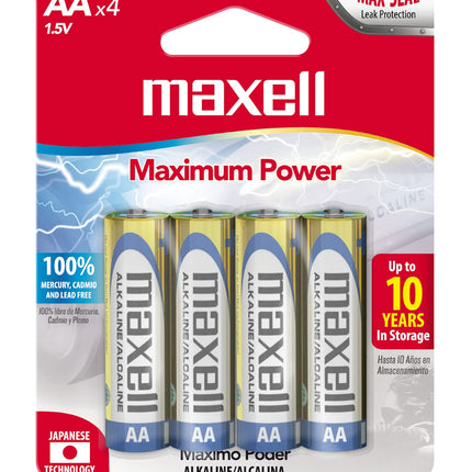 Maxell - 723465, Reliable AA Alkaline Battery - 10x Long-Lasting with 1.5V Performance with Mercury & Cadmium Free - Ideal for Wireless Keyboards, Mouse, Clocks, Flashlights & Toys - Pack of 4