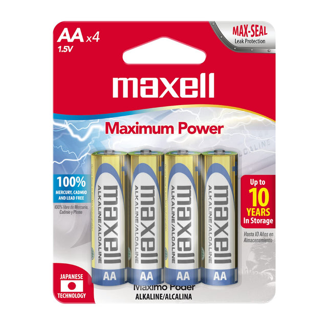 Maxell - 723465, Reliable AA Alkaline Battery - 10x Long-Lasting with 1.5V Performance with Mercury & Cadmium Free - Ideal for Wireless Keyboards, Mouse, Clocks, Flashlights & Toys - Pack of 4