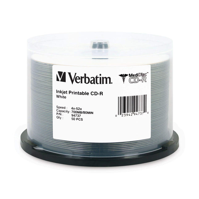 Verbatim MediDisc CD-R 700MB 52X White Inkjet Printable with Branded Hub - 50pk Spindle