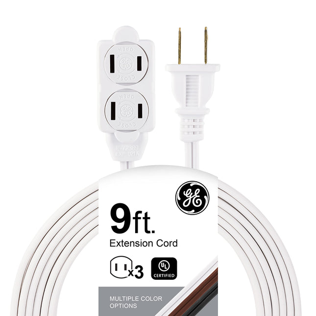 GE 3-Outlet Extension Cord with Multiple Outlets 9 Ft Extension Cord Power Strip 2 Prong 16 Gauge Twist-to-Close Safety Outlet Covers Outdoor Extension Cord Outlet Extender UL Listed White 51947