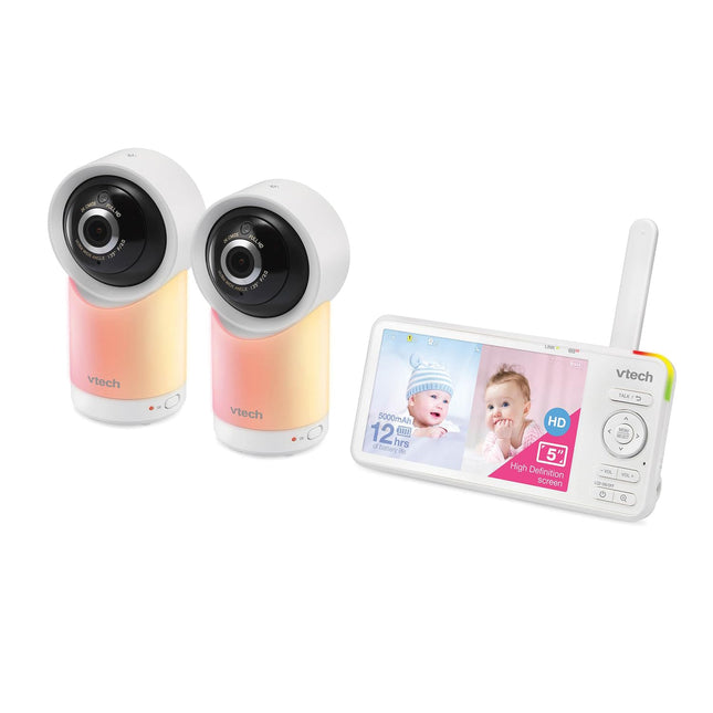 VTech RM5766-2HD RM57662HD Smart Wi-Fi 1080p 2-Camera 360°-Pan-and-Tilt Video Baby Monitor System with 5-in. Display, Night-Light, and Remote Access, White