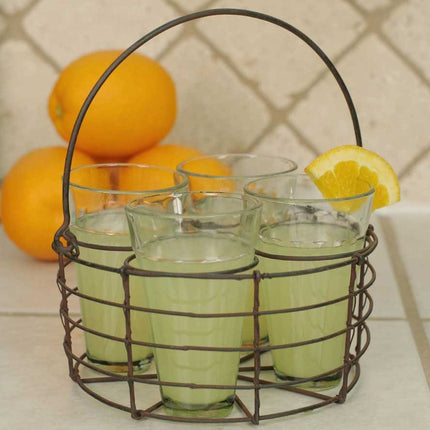 Round Wire Caddy with Four Glasses with Green/Rust Finish