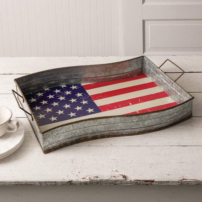 Galvanized Metal American Flag Serving Tray 21¼''W x 13½''D x 4''H