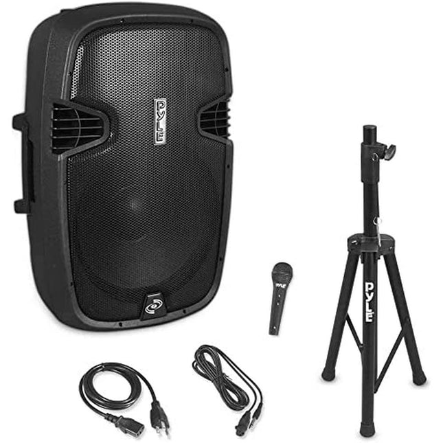 Pyle PPHP155ST Wireless Portable PA Speaker System - 1500W High Powered Bluetooth Compatible Active Outdoor Sound Speakers w/ USB SD MP3 RCA - 35mm Mount, Stand, Microphone, Power Cable, Black, 15