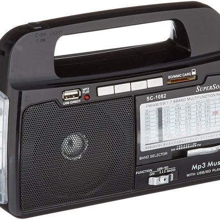 SuperSonic SC-1082 9-Band AM/FM Portable Radio - USB Compatible/SD Card Slot - Rechargeable Battery