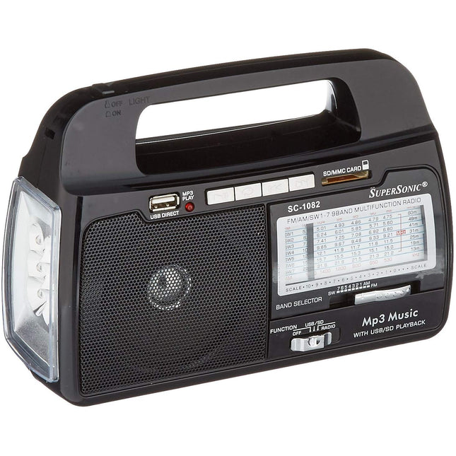 SuperSonic SC-1082 9-Band AM/FM Portable Radio - USB Compatible/SD Card Slot - Rechargeable Battery