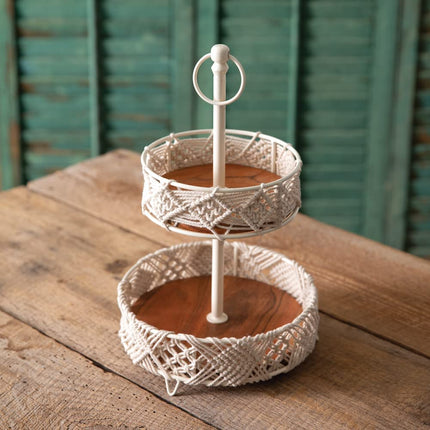 CTW Home Collection 460378 Two-Tier Wood and Macrame Tray, 14.5-inch Height, Macrame and Metal