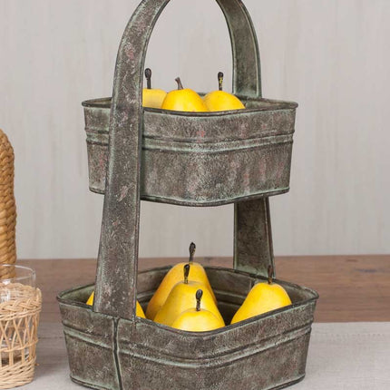 CTW Home Collection Two Tier Square Tote Metal Fruit Bowl Kitchen Supplies, 7.5  x 7.5  x 13.5 , Gray