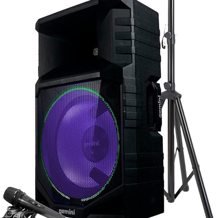 Gemini Sound GSW-T1500PK Active Battery Powered Wireless 15  Inch Woofer Portable Bluetooth 1500 Watt LED Party Lights Indoor Outdoor Tailgate Rolling PA Speaker with Stand All Weather Music System
