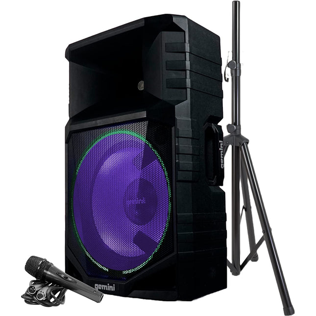 Gemini Sound GSW-T1500PK Active Battery Powered Wireless 15  Inch Woofer Portable Bluetooth 1500 Watt LED Party Lights Indoor Outdoor Tailgate Rolling PA Speaker with Stand All Weather Music System