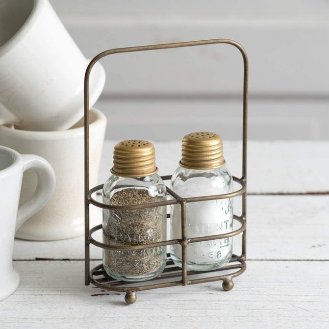 Salt and Pepper Carrier with Shakers - Antique Brass