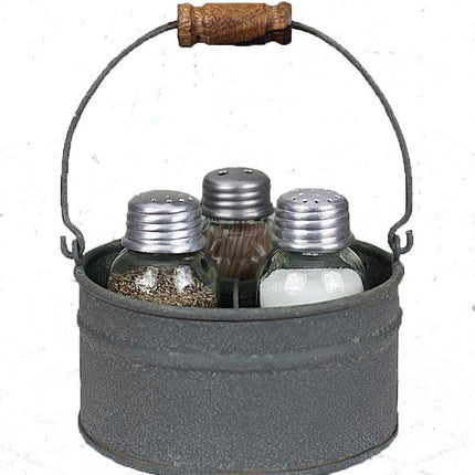 CTW Home Collection Primitive Industrial Galvanized Bucket Mason JAR Salt Pepper & Tooth Pick Caddy