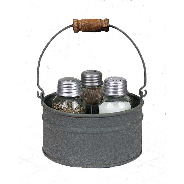 CTW Home Collection Primitive Industrial Galvanized Bucket Mason JAR Salt Pepper & Tooth Pick Caddy